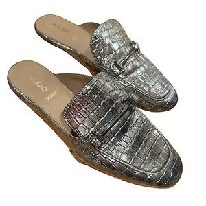 ALDO - “Dabrylla” Silver Faux Leather Crocodile Embossed Mules